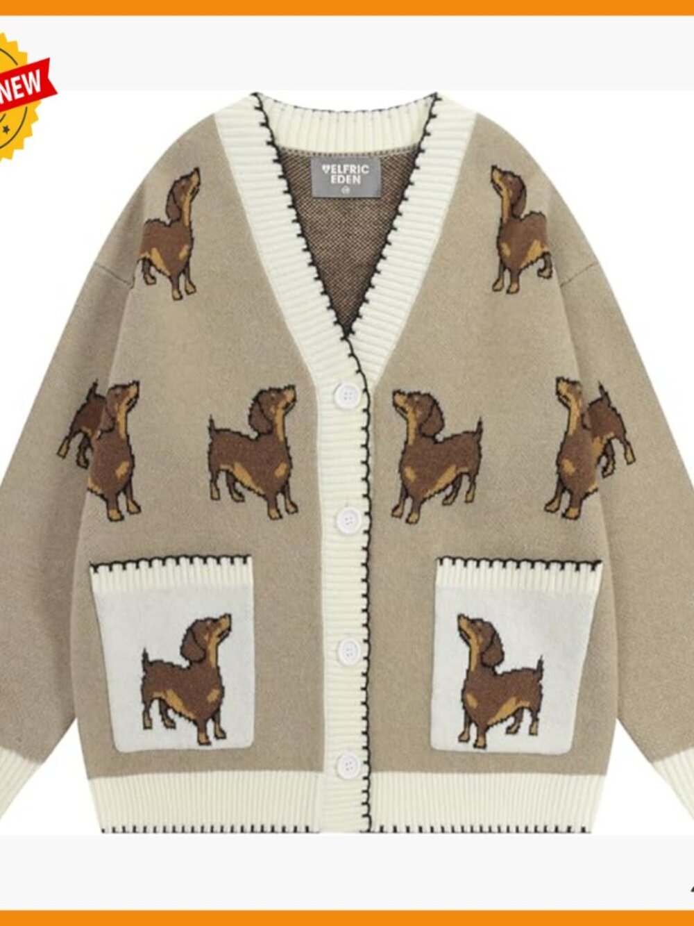 Oversized V-Neck Cardigan with Dachshund Jacquard, Button Front, Pockets